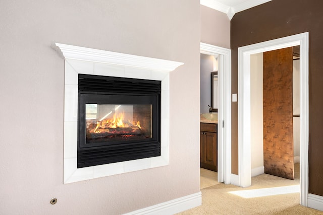 4343 Schlipf Rd, Katy, TX 77493 - detailed view of a multi sided fireplace, carpet flooring, ornamental molding, and baseboards
