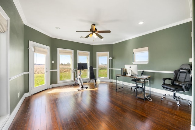 4343 Schlipf Rd, Katy, TX 77493 - office with a ceiling fan, hardwood / wood-style flooring, baseboards, crown molding, and recessed lighting