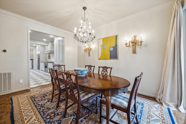 7603 Olympia Dr, Houston, TX 77063 - dining room with a chandelier, baseboards, and ornamental molding