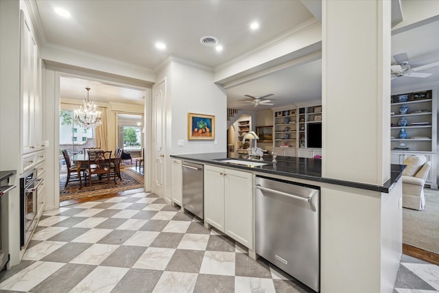 7603 Olympia Dr, Houston, TX 77063 - bar featuring dishwasher, a sink, ceiling fan, crown molding, and a chandelier