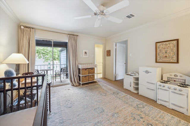 7603 Olympia Dr, Houston, TX 77063 - bedroom with crown molding, access to outside, and light colored carpet