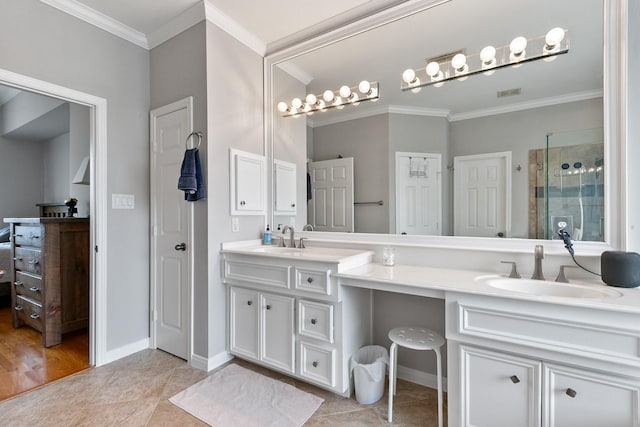 1708 Wilson St, Houston, TX 77019 - full bathroom featuring double vanity, ornamental molding, a shower stall, tile patterned floors, and baseboards