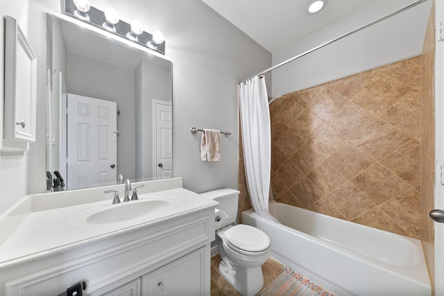 1708 Wilson St, Houston, TX 77019 - full bathroom with vanity, toilet, shower / bath combo with shower curtain, and tile patterned floors