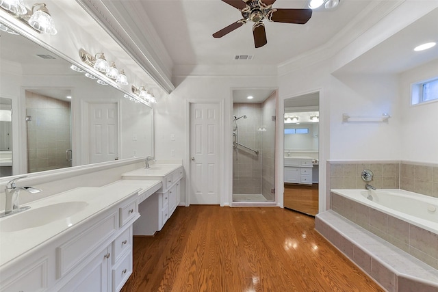 bathroom featuring a shower stall, double vanity, a bath, and ornamental molding