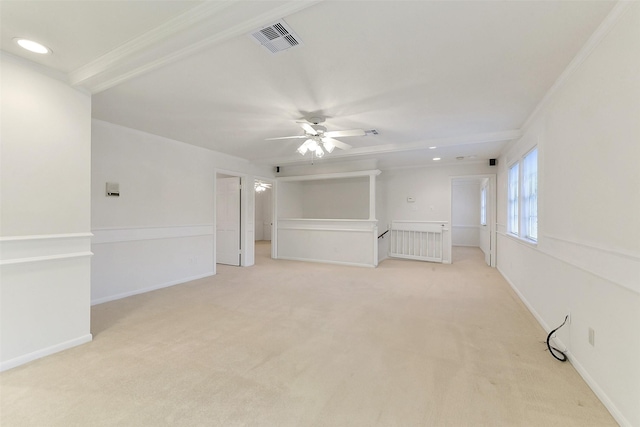 empty room with light carpet, a ceiling fan, recessed lighting, and baseboards