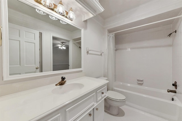 full bath with shower / tub combo with curtain, toilet, vanity, and tile patterned flooring
