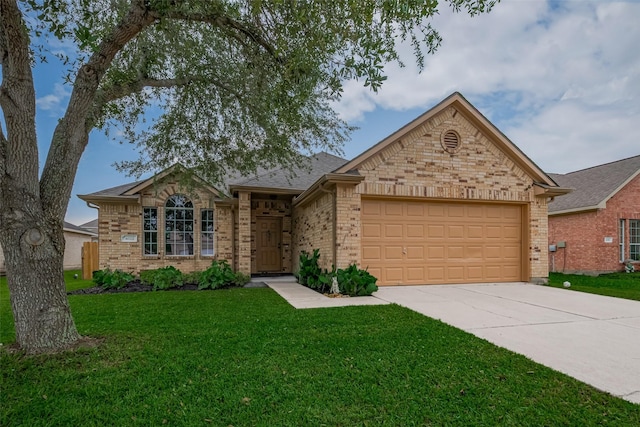 single story home featuring brick siding, concrete driveway, a garage, and a front lawn