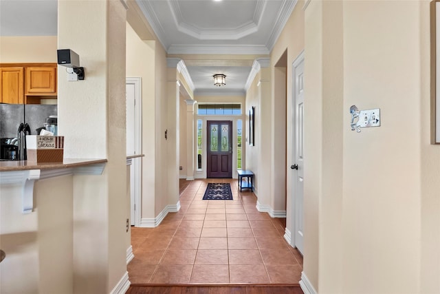 11413 7th St, Santa Fe, TX 77510 - hall featuring crown molding, light tile patterned floors, and baseboards