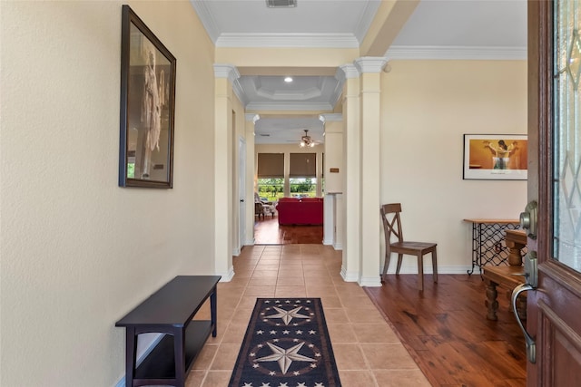 11413 7th St, Santa Fe, TX 77510 - hall featuring ornate columns, crown molding, and light tile patterned floors