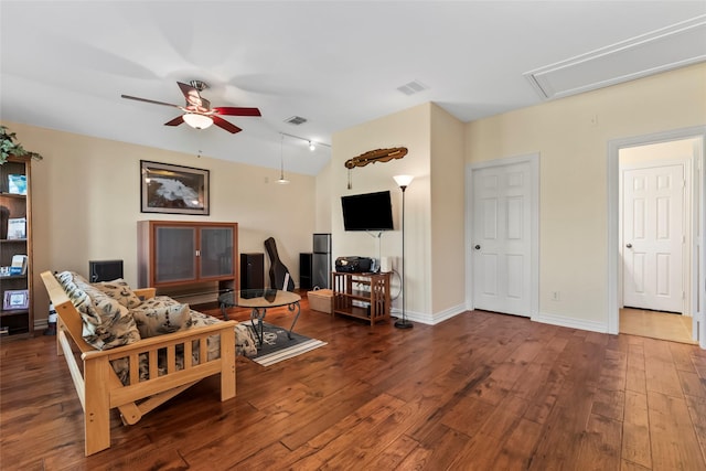 11413 7th St, Santa Fe, TX 77510 - living area featuring attic access, ceiling fan, hardwood / wood-style flooring, an office area, and vaulted ceiling