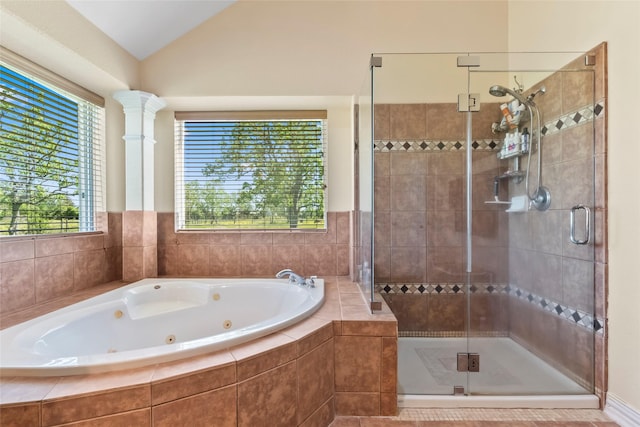 11413 7th St, Santa Fe, TX 77510 - bathroom featuring a stall shower, a whirlpool tub, and vaulted ceiling