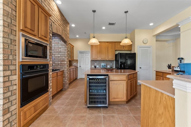 11413 7th St, Santa Fe, TX 77510 - kitchen with black appliances, beverage cooler, backsplash, a center island, and light countertops