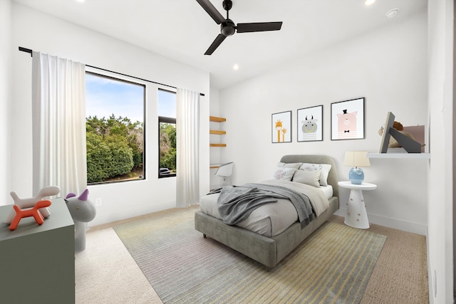 carpeted bedroom with recessed lighting, baseboards, and ceiling fan