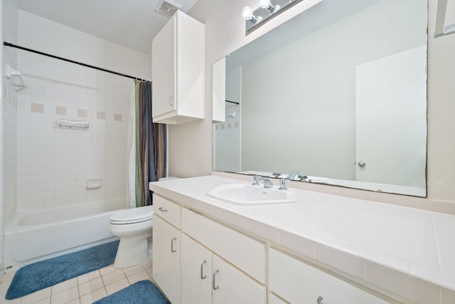 bathroom with tile patterned flooring, toilet, shower / tub combo, and vanity
