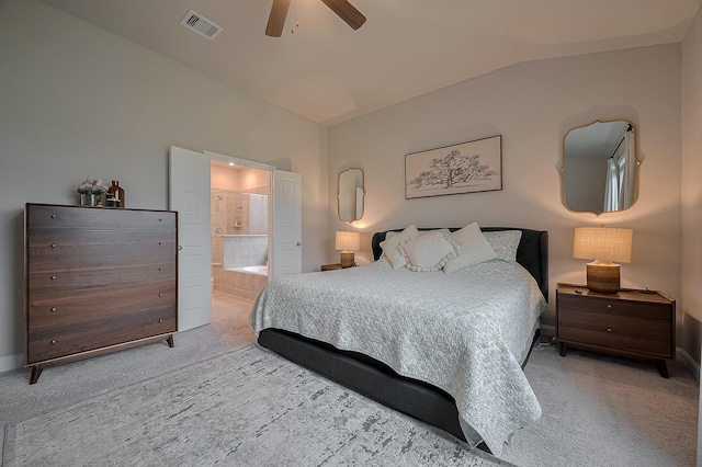 4314 Reese Ravine Ln, Katy, TX 77493 - carpeted bedroom with vaulted ceiling, connected bathroom, ceiling fan, and baseboards
