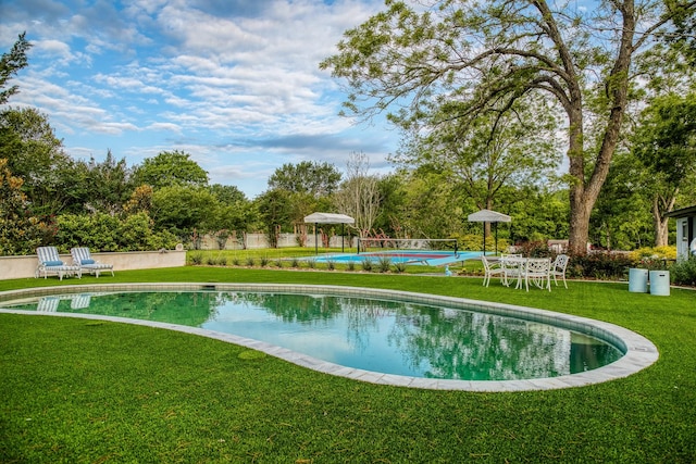 swimming pool featuring a yard and view of scattered trees