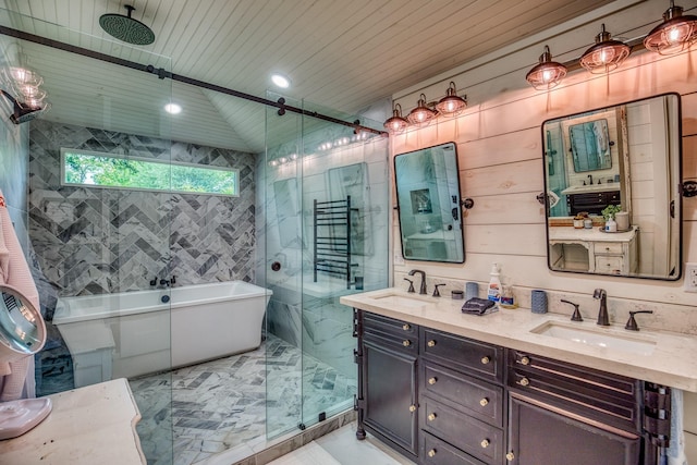 bathroom with a stall shower, double vanity, a freestanding tub, and wood ceiling