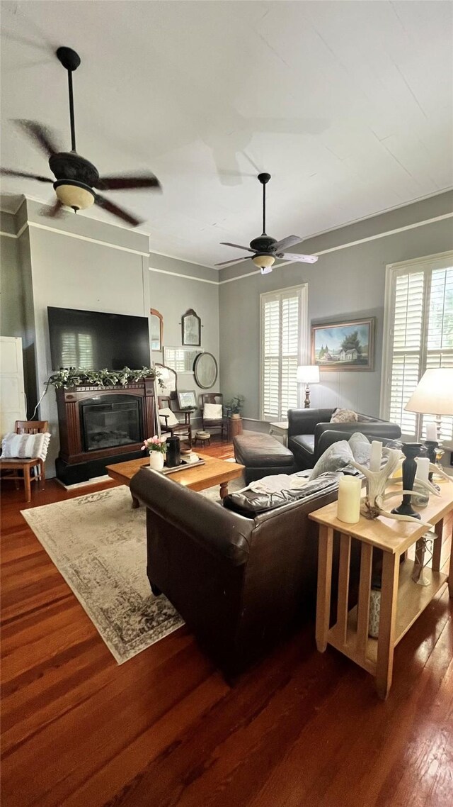 636 S Franklin, La Grange, TX 78945 - living area featuring healthy amount of natural light, a ceiling fan, ornamental molding, a glass covered fireplace, and wood finished floors