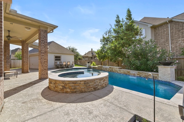 8611 Springmere Ct, Houston, TX 77095 - view of swimming pool with a fenced backyard, an in-ground hot tub, a patio, and a ceiling fan