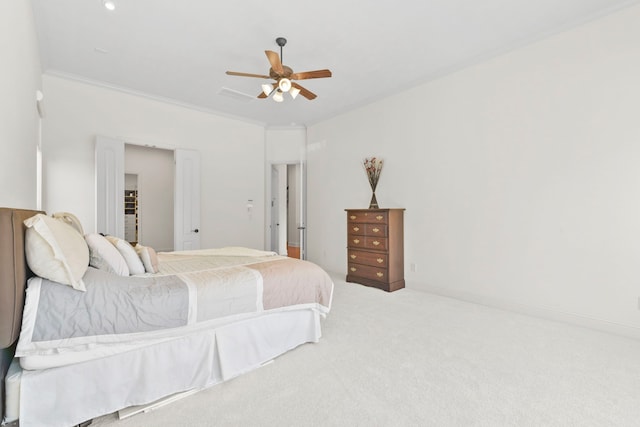 8611 Springmere Ct, Houston, TX 77095 - carpeted bedroom featuring ceiling fan and crown molding