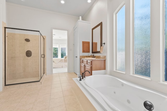 8611 Springmere Ct, Houston, TX 77095 - full bathroom with a whirlpool tub, a stall shower, vanity, tile patterned floors, and ornamental molding