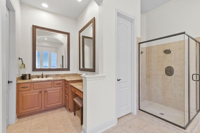 8611 Springmere Ct, Houston, TX 77095 - full bathroom with vanity, a shower stall, and tile patterned flooring