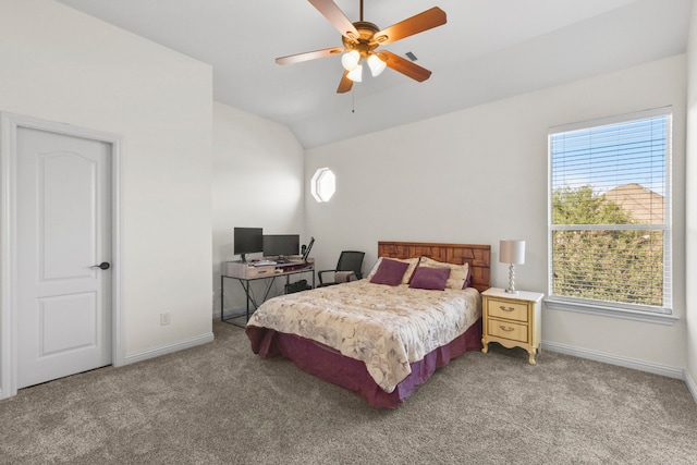 8611 Springmere Ct, Houston, TX 77095 - bedroom featuring light carpet, lofted ceiling, baseboards, and ceiling fan
