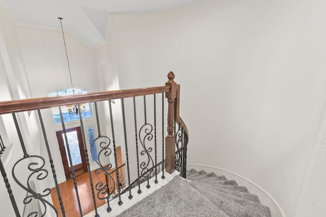 8611 Springmere Ct, Houston, TX 77095 - stairs with a chandelier, carpet flooring, baseboards, and ornamental molding