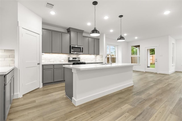 8307 Red Shiner Way, Fulshear, TX 77441 - kitchen featuring gray cabinets, stainless steel appliances, a sink, backsplash, and light countertops