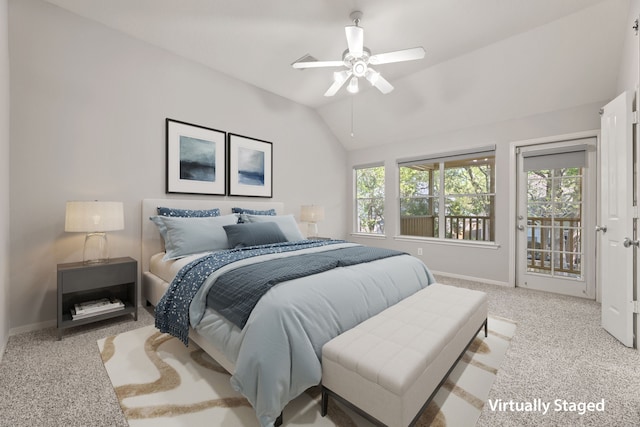 bedroom with access to exterior, light carpet, baseboards, vaulted ceiling, and a ceiling fan