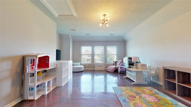 2506 Foxcrest Dr, Katy, TX 77494 - rec room with baseboards, dark wood-style flooring, attic access, and a chandelier