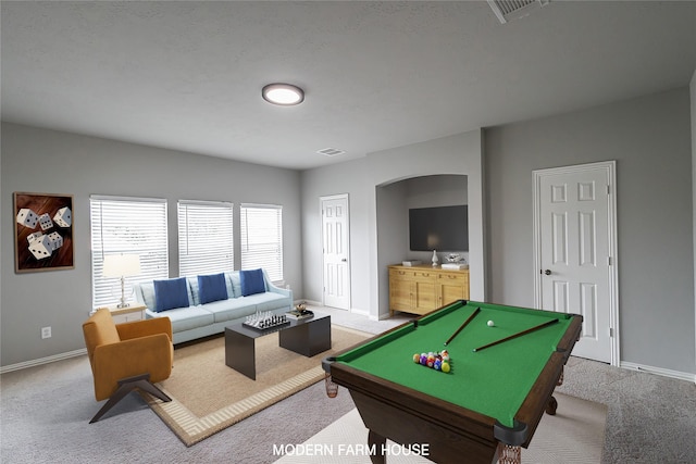 2506 Foxcrest Dr, Katy, TX 77494 - rec room with carpet floors, baseboards, billiards, and arched walkways