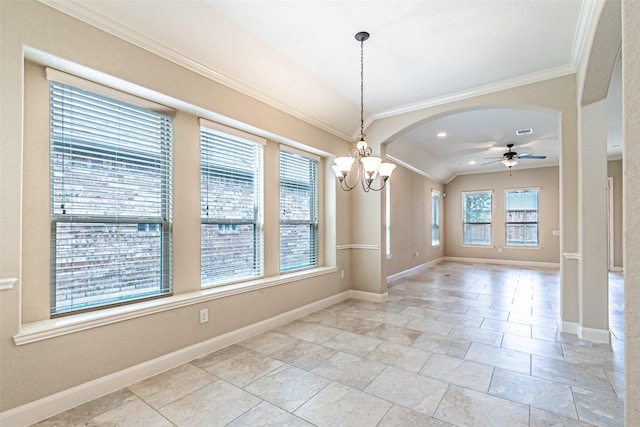 19303 Hamilton Hills Dr, Cypress, TX 77433 - unfurnished dining area with a chandelier, ornamental molding, baseboards, ceiling fan, and stone tile flooring