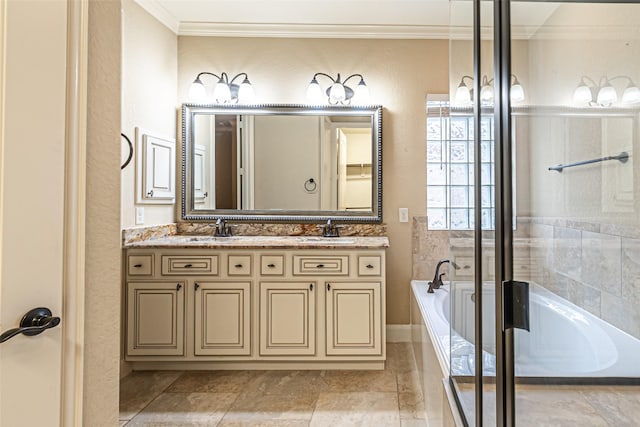 19303 Hamilton Hills Dr, Cypress, TX 77433 - full bathroom featuring ornamental molding, a bath, and double vanity