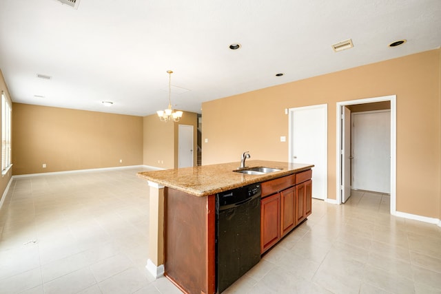 2706 Redwing Grove Way, Houston, TX 77038 - kitchen with a sink, black dishwasher, a chandelier, light stone countertops, and baseboards