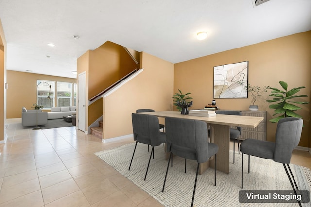 2706 Redwing Grove Way, Houston, TX 77038 - dining room with stairway, radiator, baseboards, light tile patterned floors, and recessed lighting