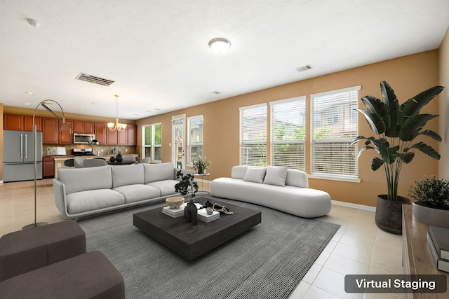 2706 Redwing Grove Way, Houston, TX 77038 - living area with light tile patterned floors, a chandelier, baseboards, and recessed lighting