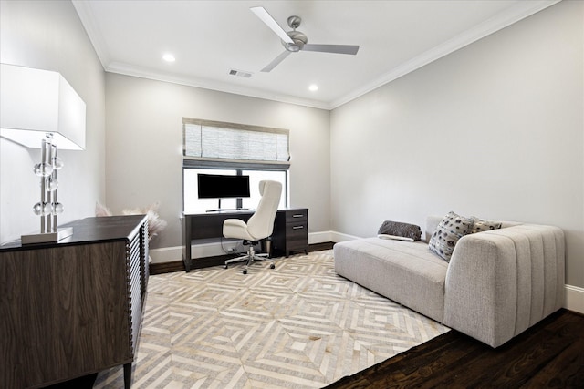 office area featuring ceiling fan, baseboards, crown molding, recessed lighting, and wood finished floors