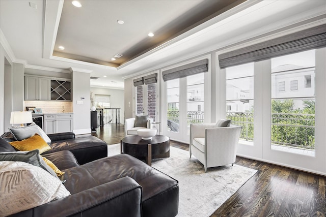 living area with a raised ceiling, dark wood finished floors, ornamental molding, recessed lighting, and a dry bar