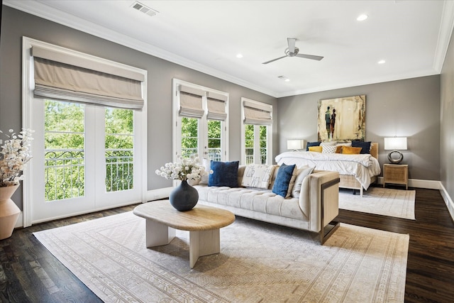 bedroom featuring multiple windows, ornamental molding, baseboards, recessed lighting, and dark wood-style floors