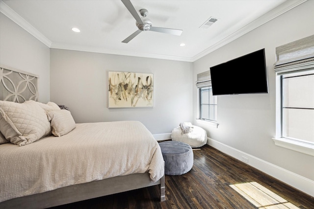 bedroom featuring ornamental molding, baseboards, recessed lighting, wood finished floors, and a ceiling fan