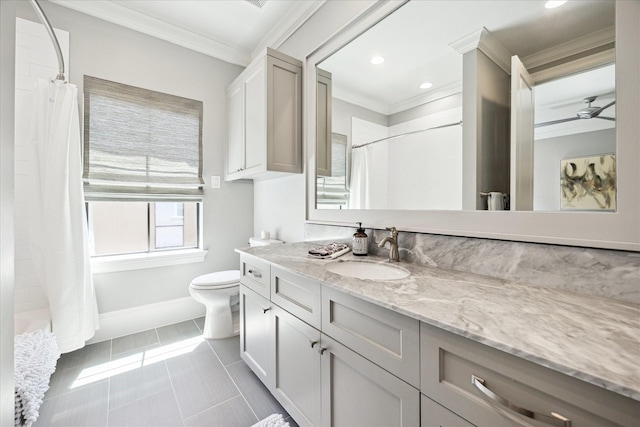 bathroom featuring ornamental molding, baseboards, vanity, toilet, and a shower with curtain