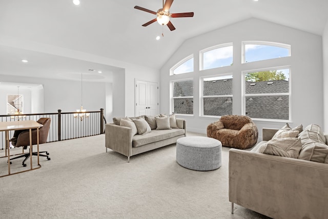5357 Cherry Spring Dr, Spring, TX 77386 - carpeted living room featuring a ceiling fan, recessed lighting, vaulted ceiling, and a chandelier