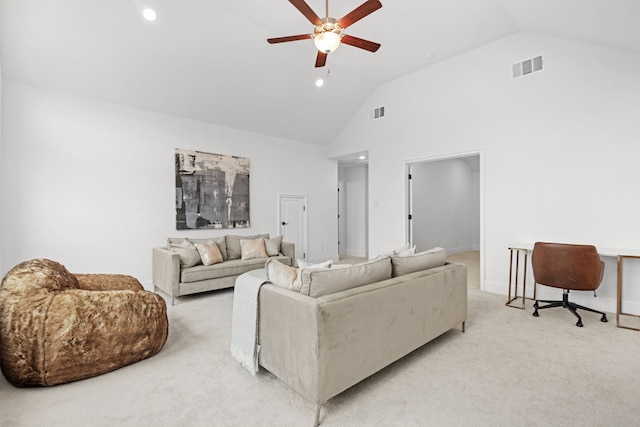5357 Cherry Spring Dr, Spring, TX 77386 - living area featuring ceiling fan, light carpet, high vaulted ceiling, recessed lighting, and an office area