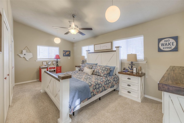 162 Ferncrest, Livingston, TX 77351 - bedroom featuring light carpet, baseboards, vaulted ceiling, and a ceiling fan