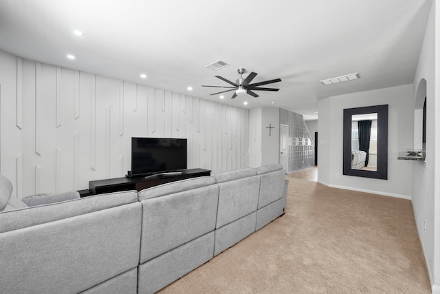 6263 El Turquesa Dr, Houston, TX 77048 - unfurnished living room with light carpet, recessed lighting, a ceiling fan, and baseboards