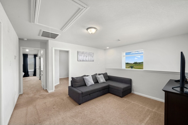 6263 El Turquesa Dr, Houston, TX 77048 - living area with attic access, light carpet, baseboards, and a textured ceiling