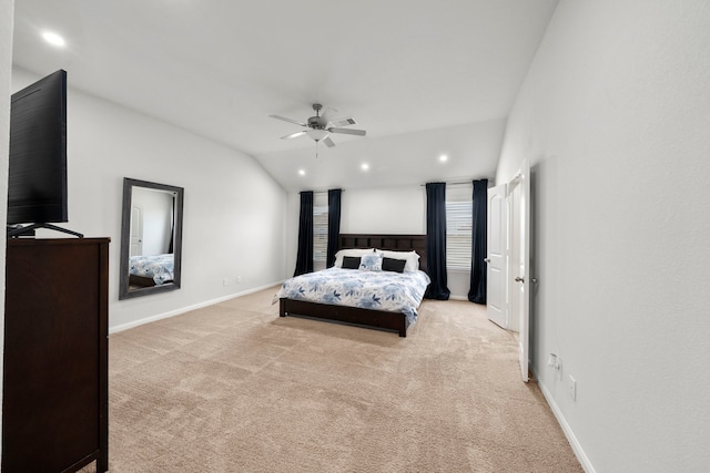6263 El Turquesa Dr, Houston, TX 77048 - bedroom featuring light colored carpet, recessed lighting, vaulted ceiling, ceiling fan, and baseboards