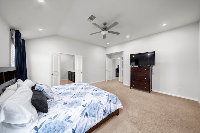 6263 El Turquesa Dr, Houston, TX 77048 - bedroom featuring lofted ceiling, recessed lighting, light carpet, baseboards, and ceiling fan