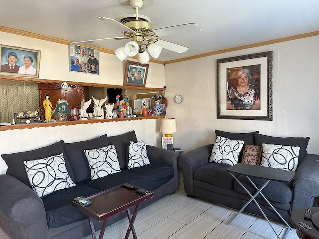 living room with crown molding and ceiling fan